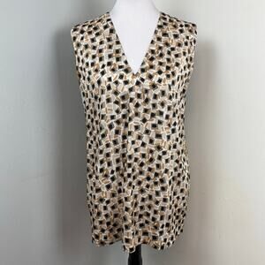 Kangra Ikat Print Silk Sleeveless V Neck Blouse Size 46 US 10 Large Oversized